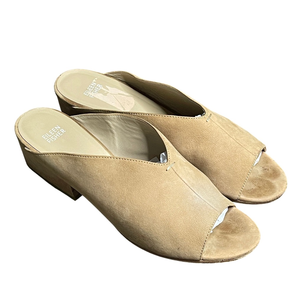 Eileen Fisher Womens Tan Suede‎ Peep Toe Block Heel Mule Sandals Size 11 Italy
